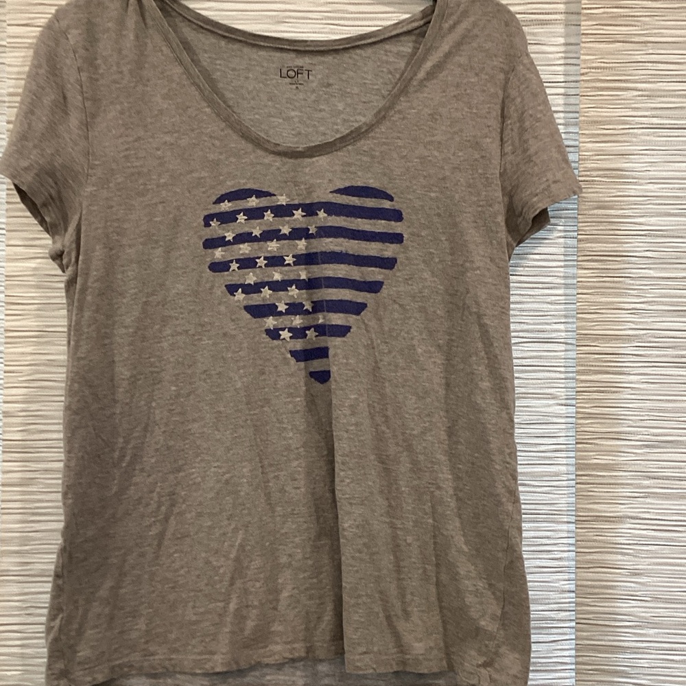 LOFT Gray Tee with Blue Striped Heart